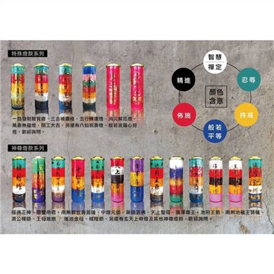 神尊疊色酥油斗燭／五行／福德燈／媽祖燈／關公燈／觀音燈／太子燈／池王燈／尊王燈／瑤池金母燈／王母燈